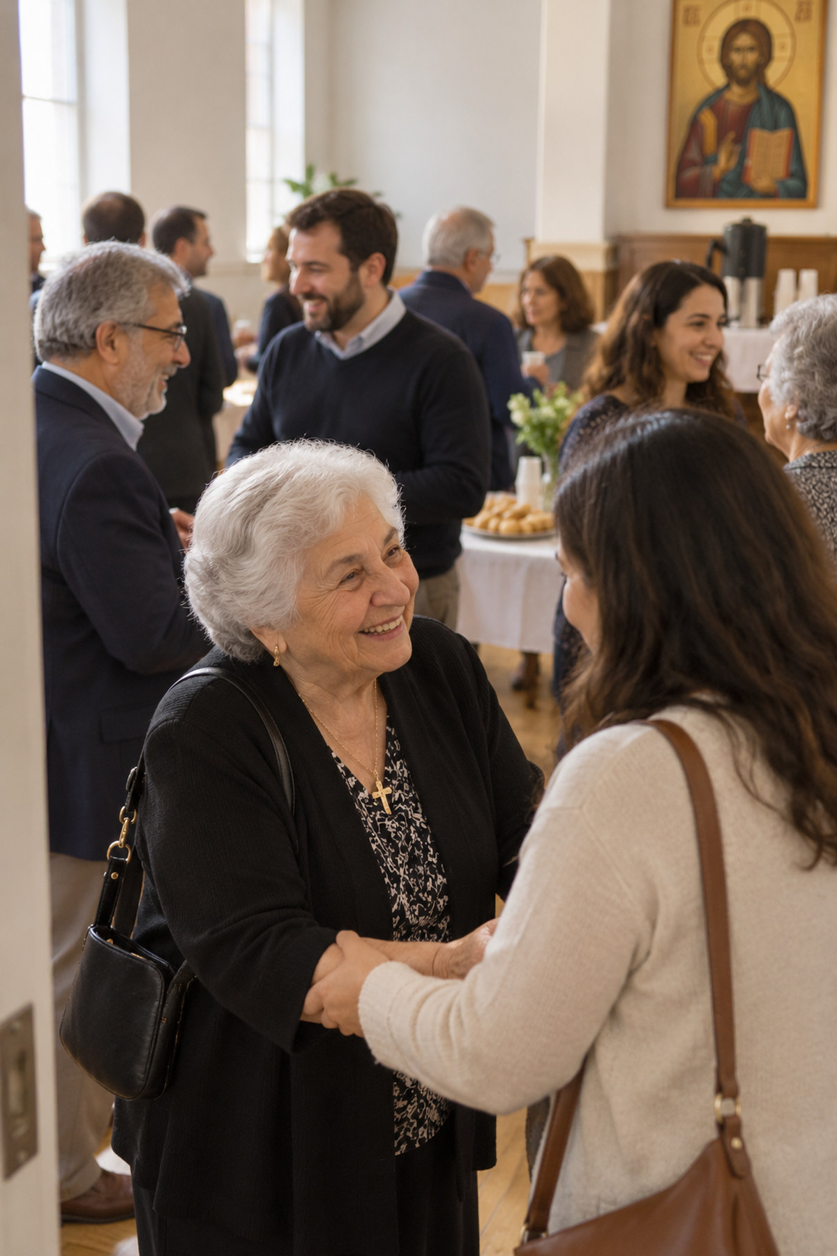 Illustrative parish fellowship gathering in a Greek Orthodox community in upstate New York.