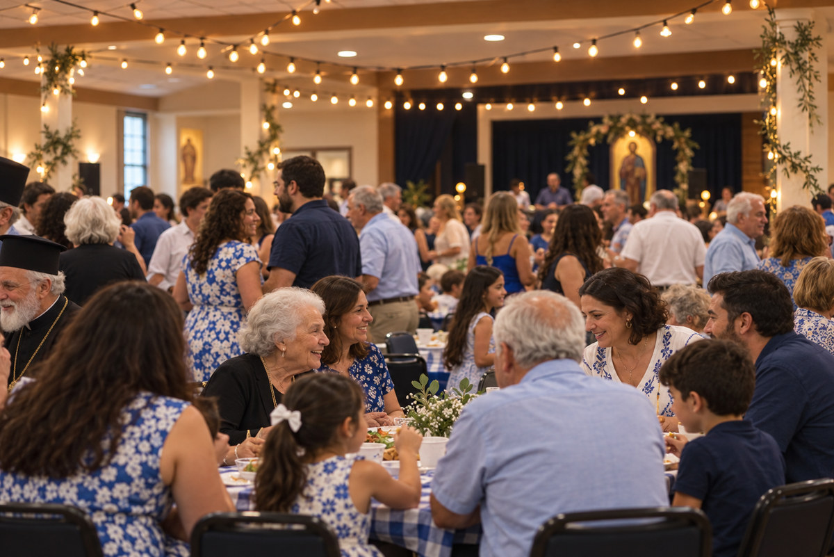 Illustrative Greek-American parish festival gathering in a community hall.