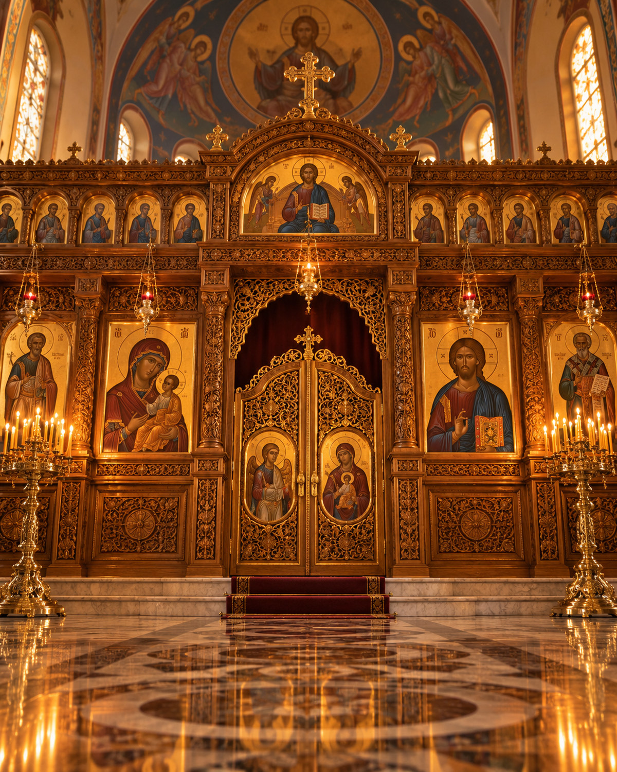 Illustrative close view of a carved Orthodox iconostasis with traditional icons and candles.