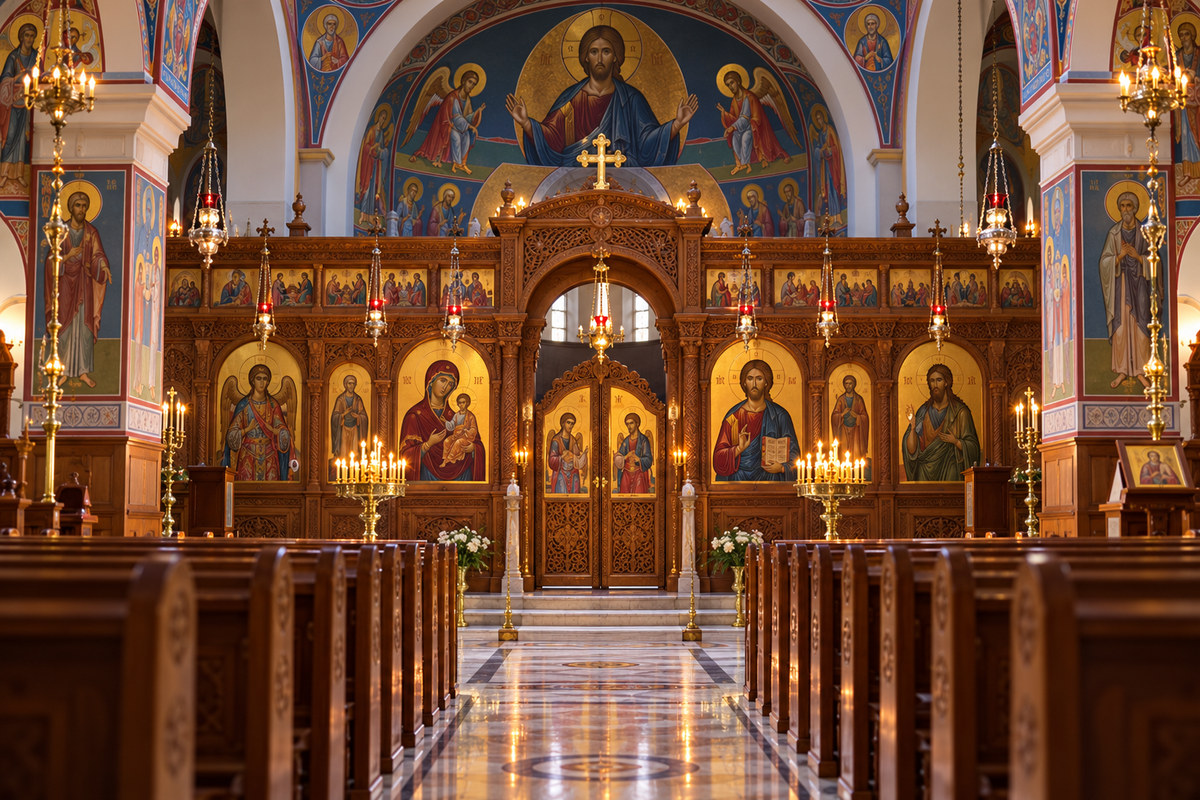 Illustrative Greek Orthodox nave and iconostasis viewed from the back of the church.