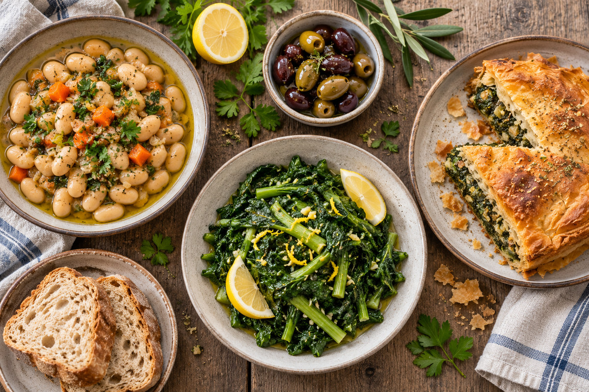 Overhead selection of Greek Lenten dishes including greens, beans, olives, bread, and vegetable pie.