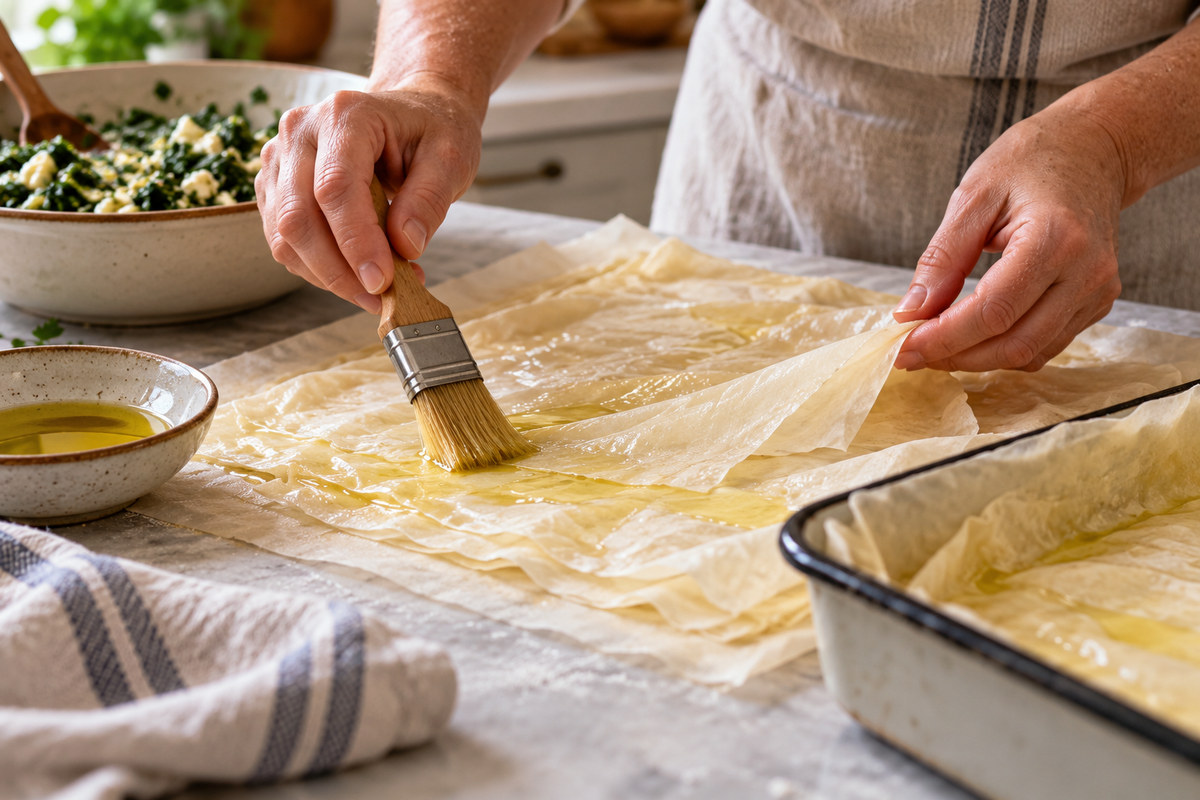 Hands brushing olive oil between sheets of phyllo in a home kitchen.
