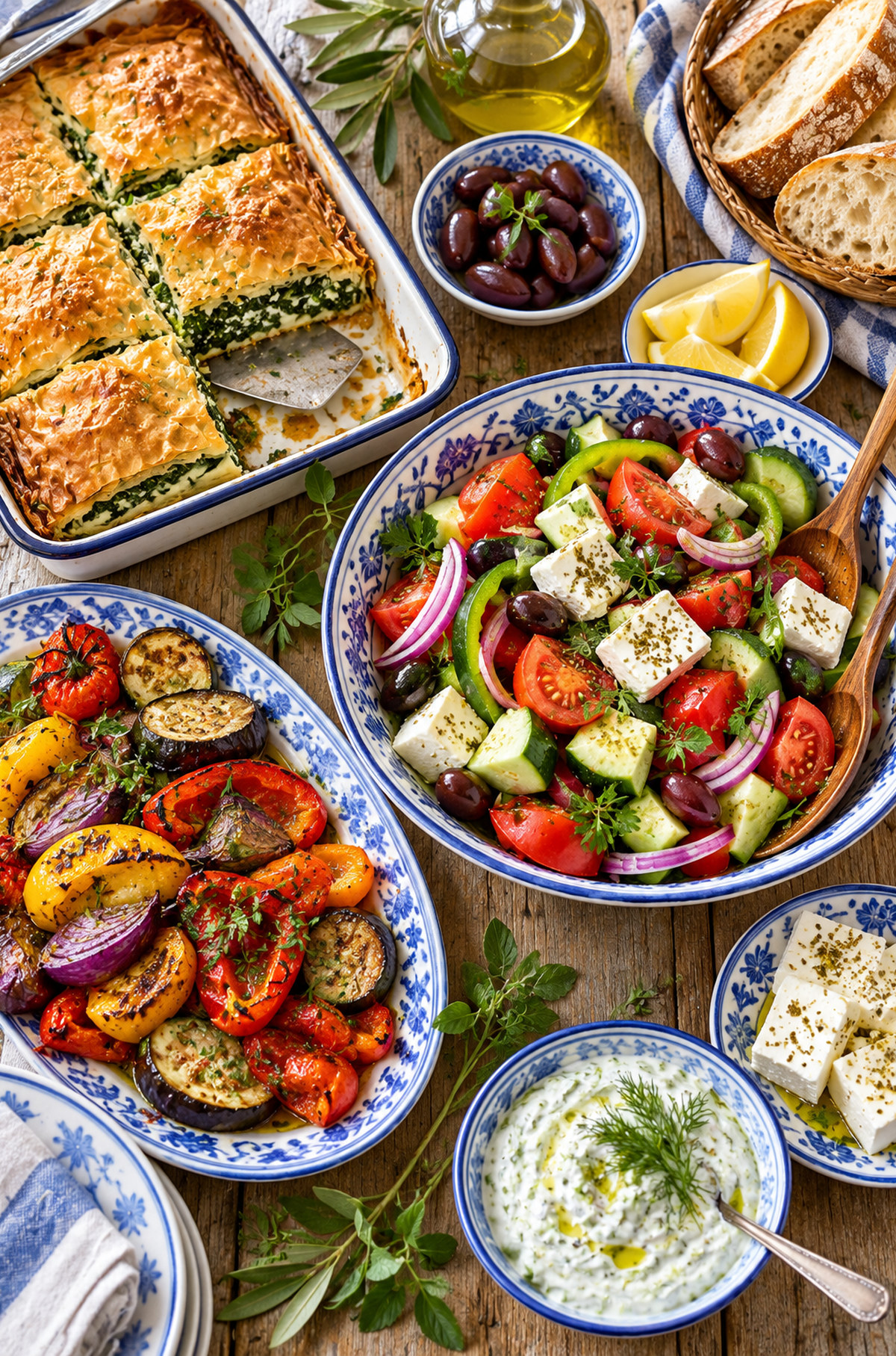 Illustrative overhead view of Greek dishes on a family table.