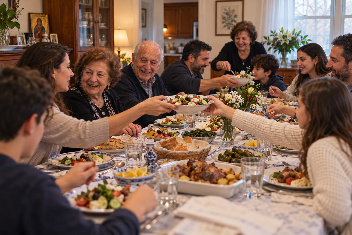 Illustrative multigenerational Greek-American family sharing a meal at home.