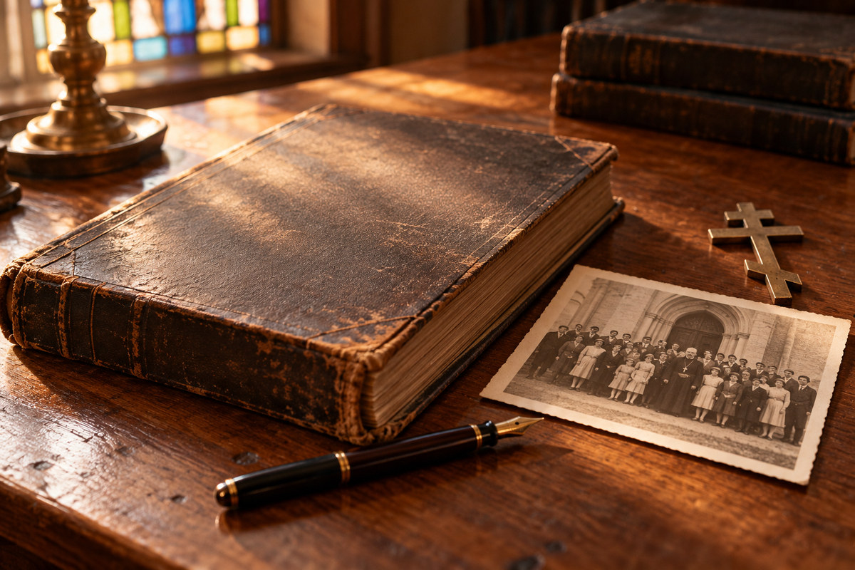 Illustrative archival-style still life with a parish ledger, group photograph, fountain pen, and Orthodox cross.