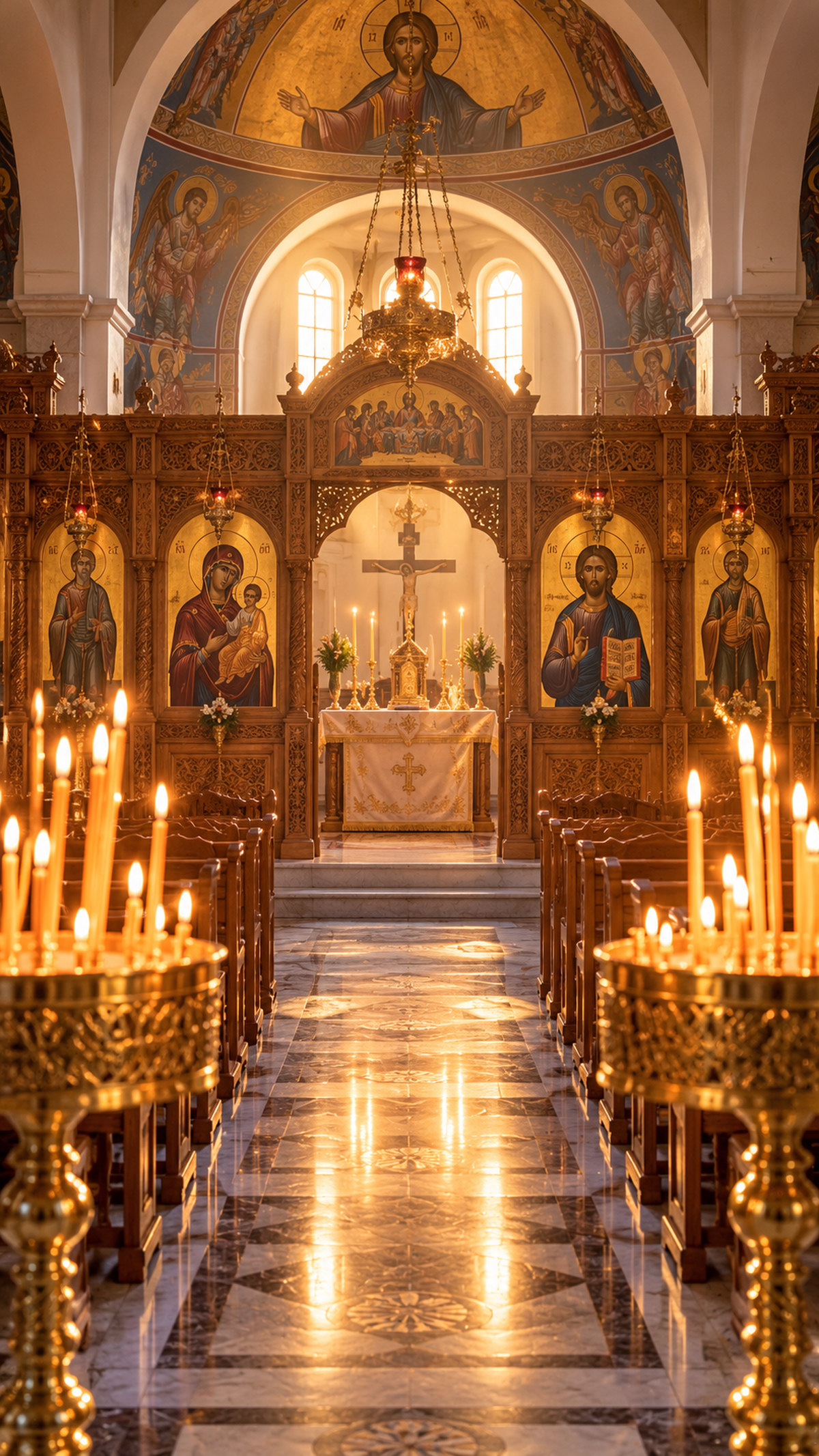 Illustrative Greek Orthodox sanctuary with candle stands and an iconostasis.