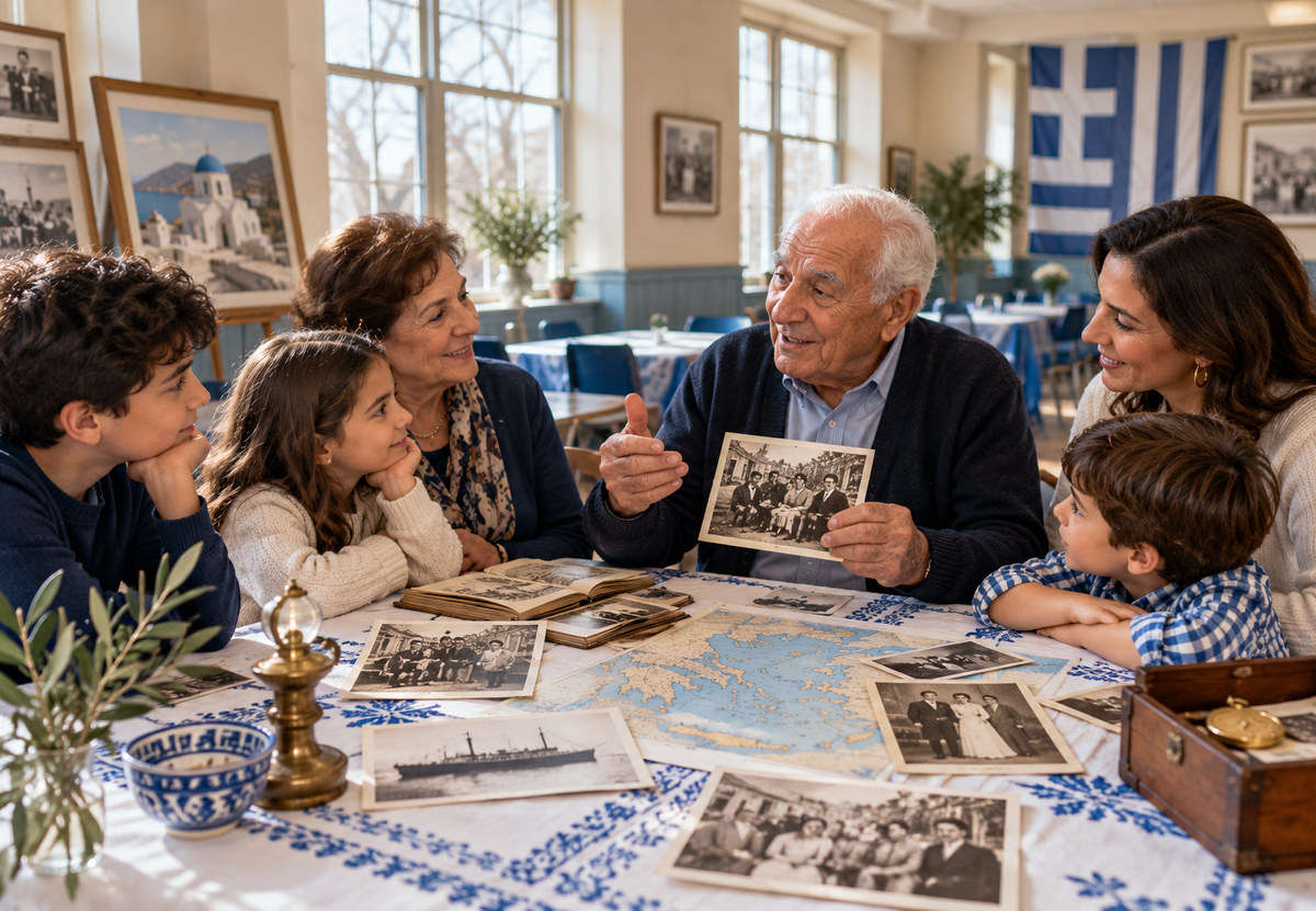 Illustrative Greek-American family sharing migration stories and photographs in a community room.