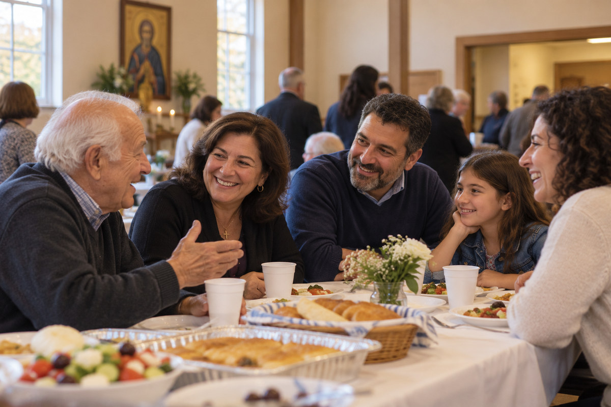 Illustrative multigenerational Greek-American parish fellowship gathering.