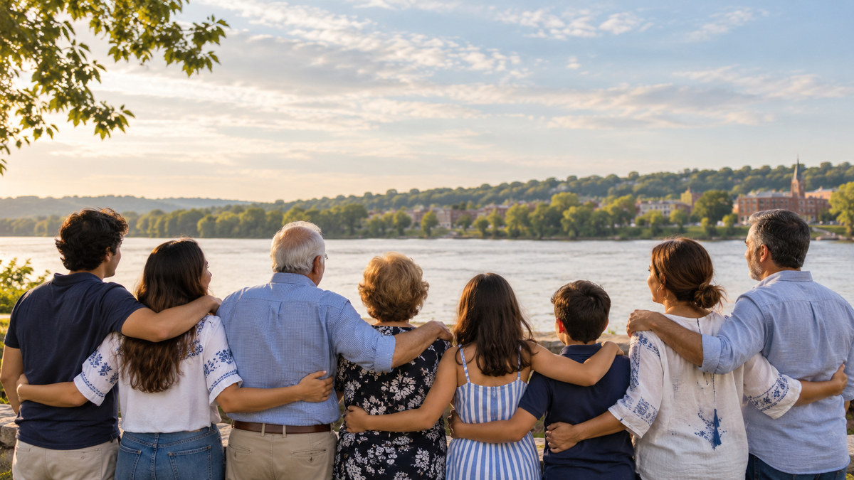 Illustrative multigenerational Greek-American community beside an upstate New York riverfront.