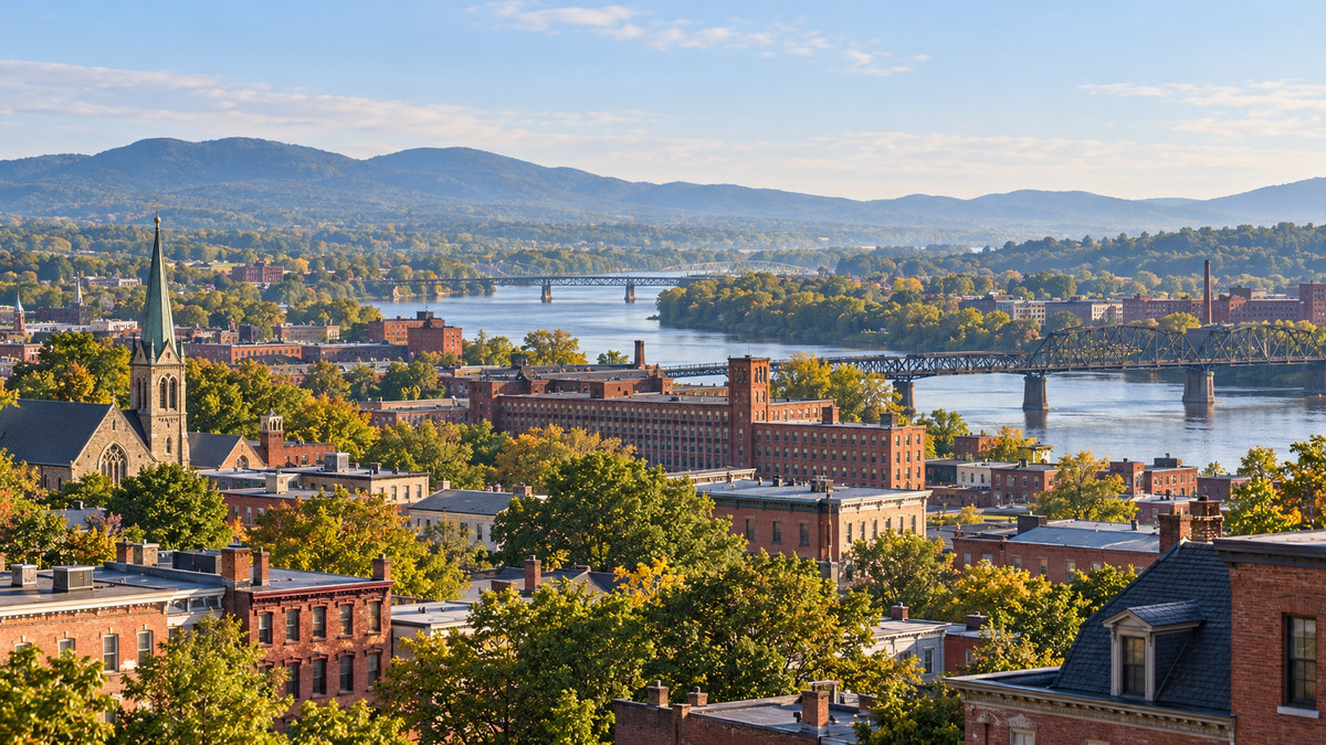 Illustrative Hudson Valley riverfront cityscape with historic mills and bridges.