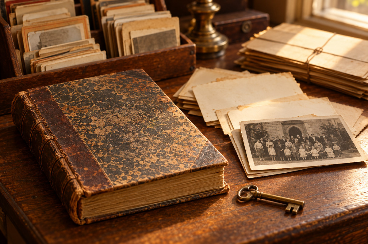 Illustrative parish archive desk with a minute book, photographs, and papers.