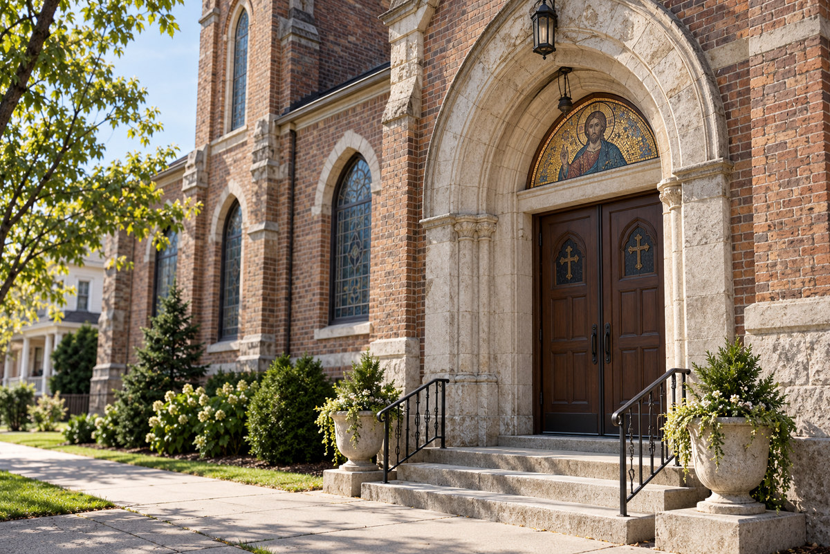 Illustrative historic brick and stone church entrance in an upstate New York neighborhood.