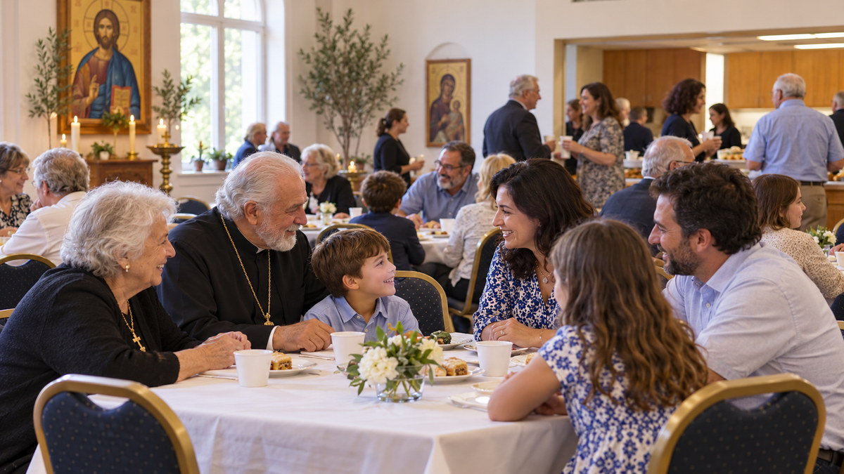 Illustrative multigenerational parish anniversary gathering in a community hall.