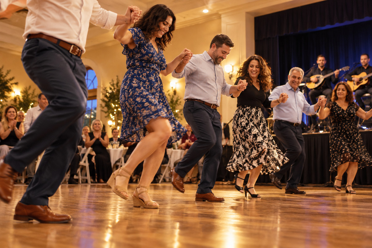 Greek-American folk dance circle at a parish cultural gathering.