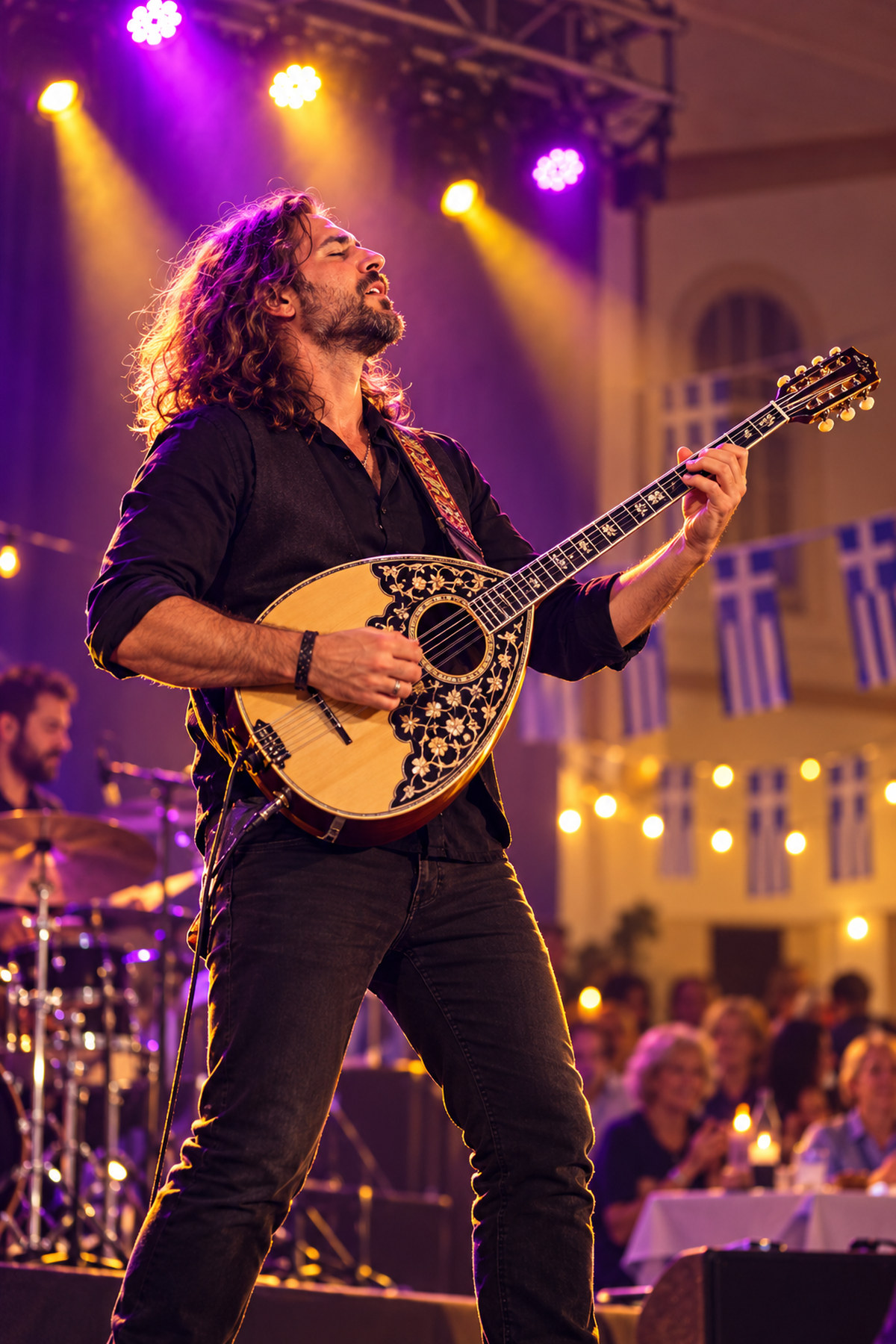 Illustrative bouzouki performance at a Greek-American community festival.