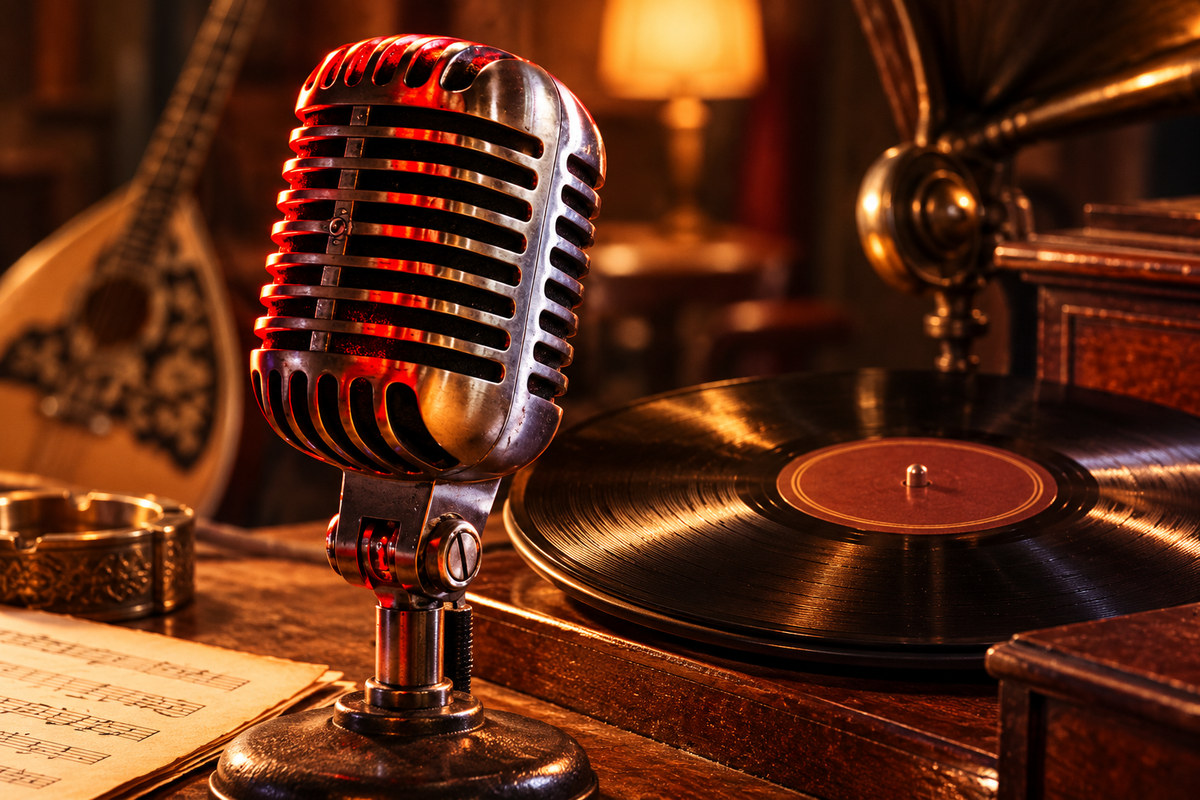 Illustrative 1920s recording-studio still life with a microphone and 78-rpm record.