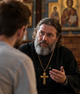 Orthodox priest speaking with a parishioner about personal choices