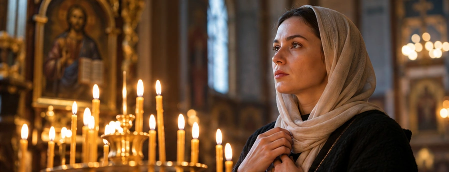 Greek Orthodox worshipper praying beside candles in a church