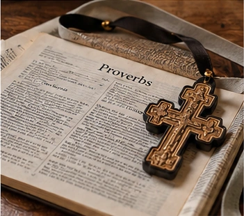 Open Scripture with an Orthodox cross in natural light