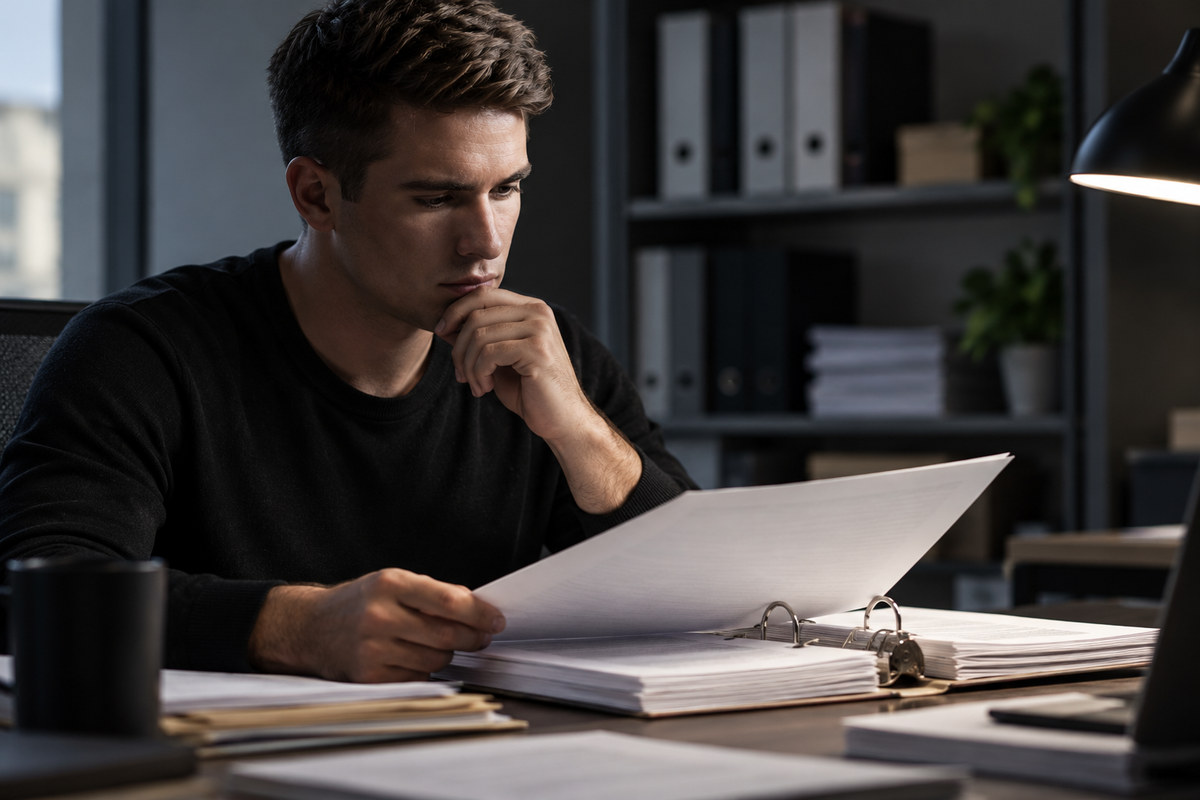 Illustrative policy analyst reviewing unmarked regulatory papers in an office.