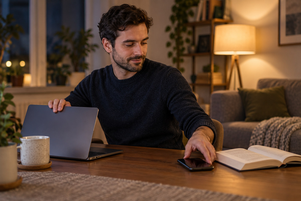 Illustrative adult ending an online leisure session and setting a phone aside at home.