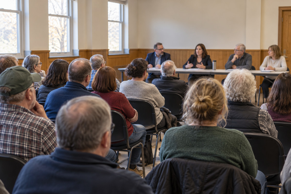 Illustrative public community hearing in an upstate New York meeting room.