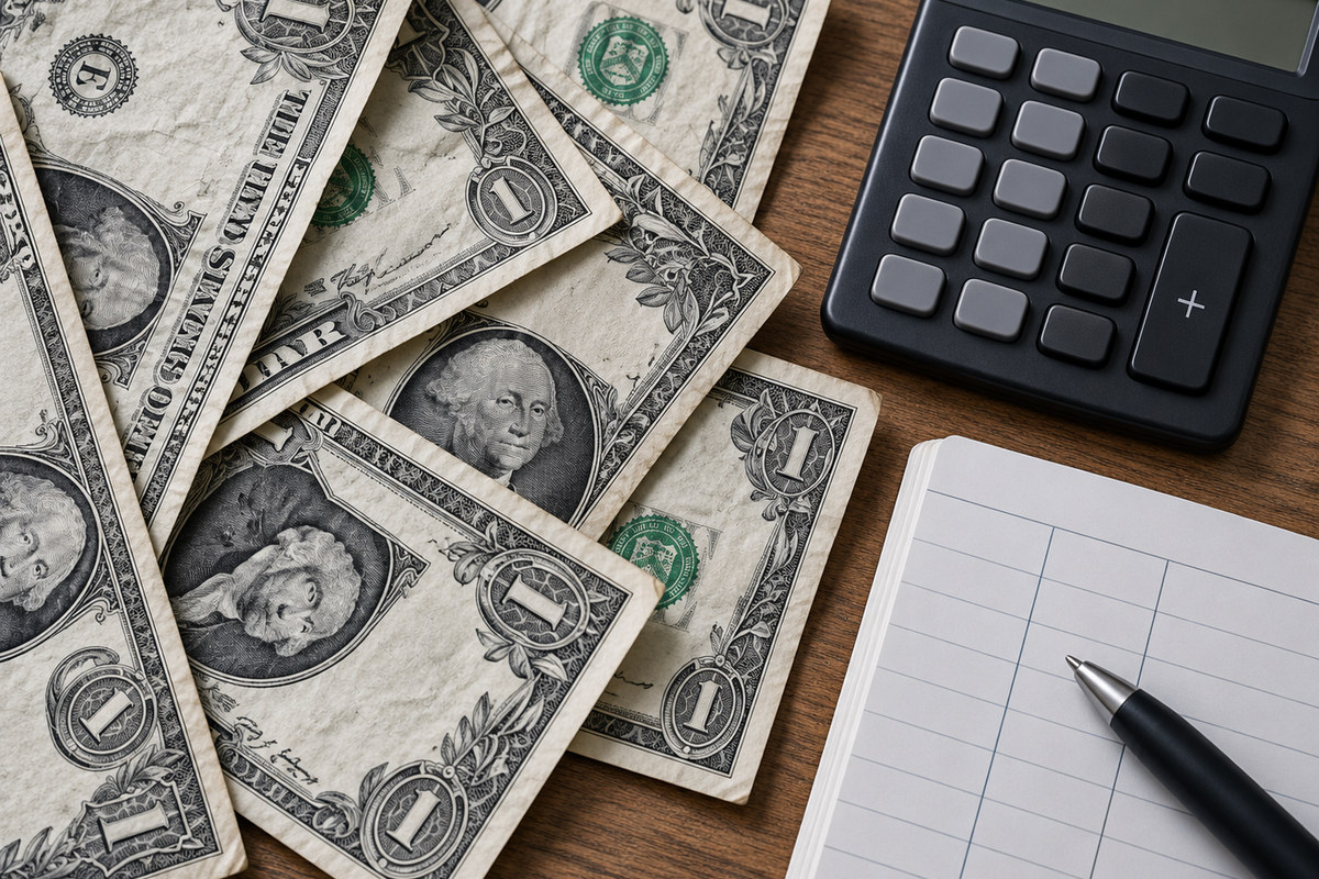 Illustrative financial still life with generic cash, a calculator, and a blank ledger.