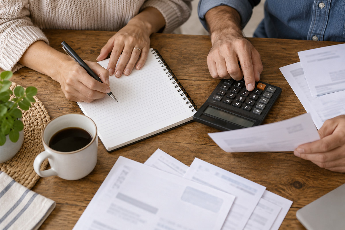 Hands reviewing a household budget with a calculator and notebook.