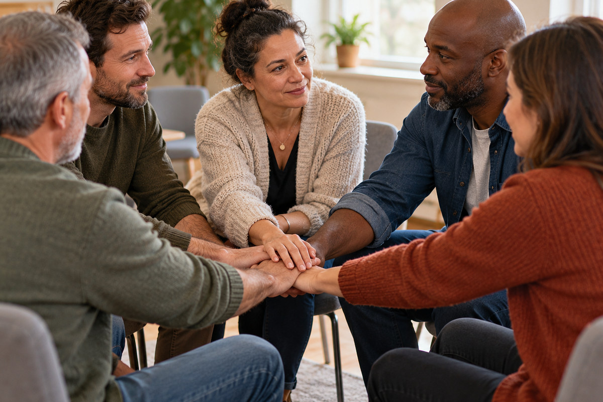 Illustrative peer-support conversation among adults in a community room.