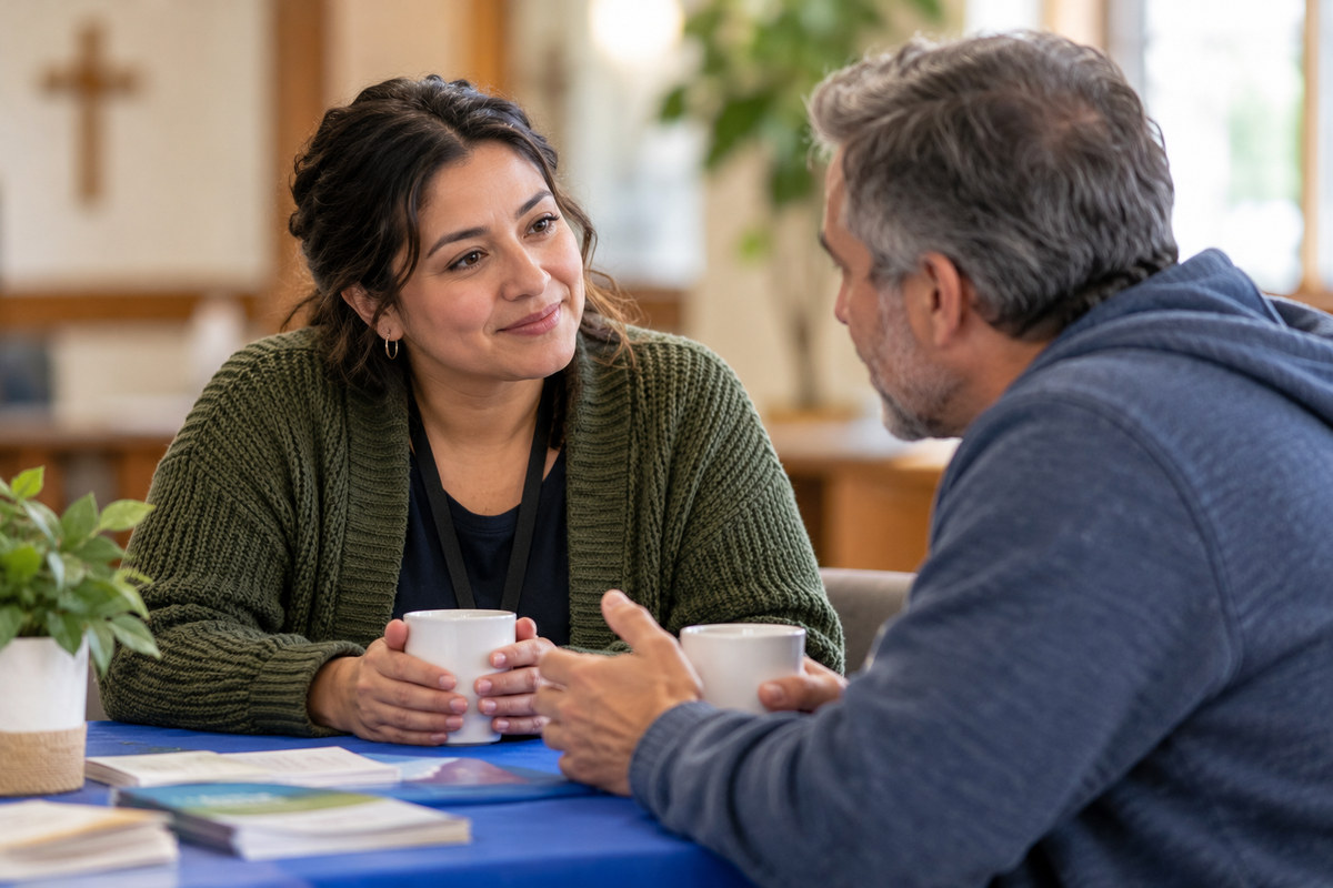 Community volunteer listening to a neighbor at a parish resource table