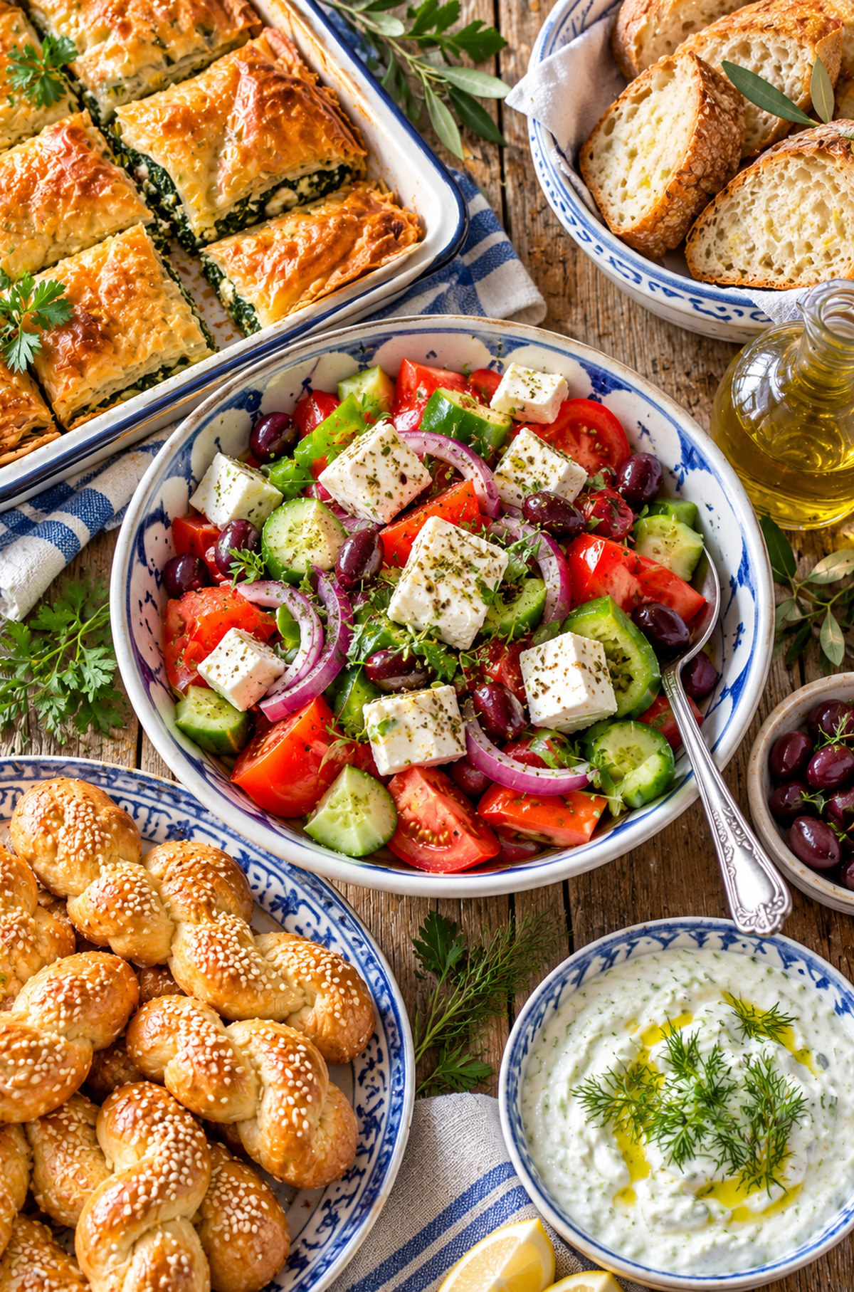Traditional Greek dishes prepared for a community meal