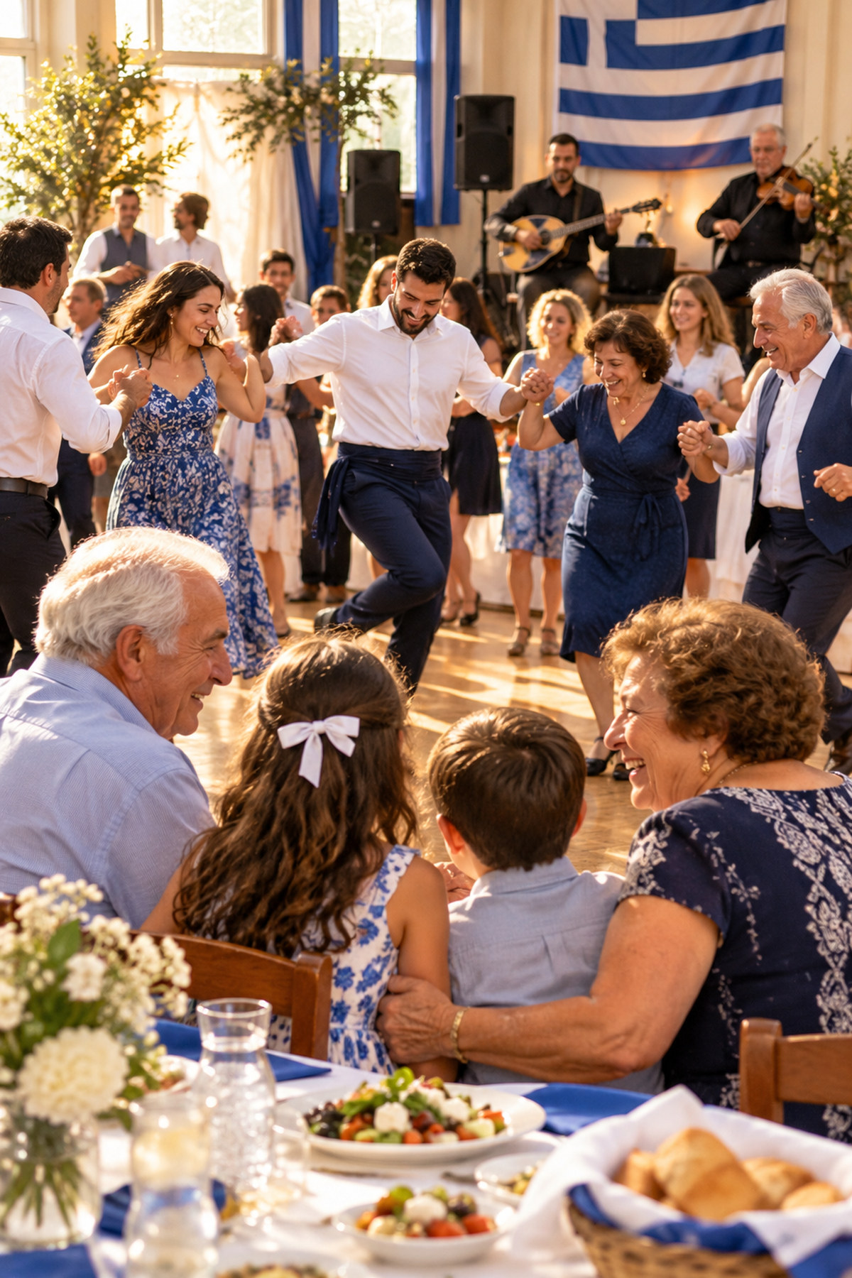 Families sharing a Greek-American heritage celebration