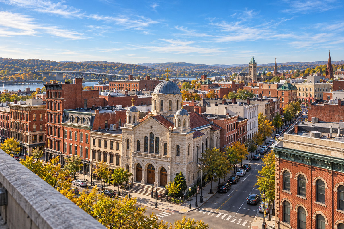 Illustrative historic city streetscape and Orthodox church