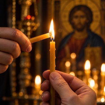 Lighting a beeswax candle in an Orthodox church