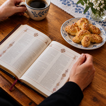 Prayer book and Greek pastries at a parish table