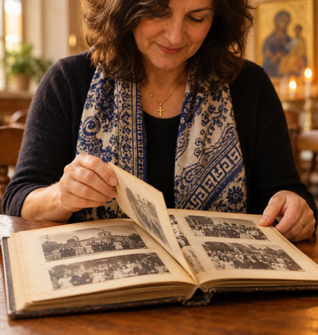 Parishioner looking through an old family and parish photo album